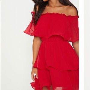 pretty little thing red off the shoulder dress